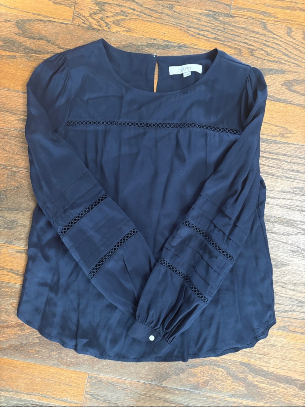 LOFT Navy Long-Sleeve Lace-Trim Top